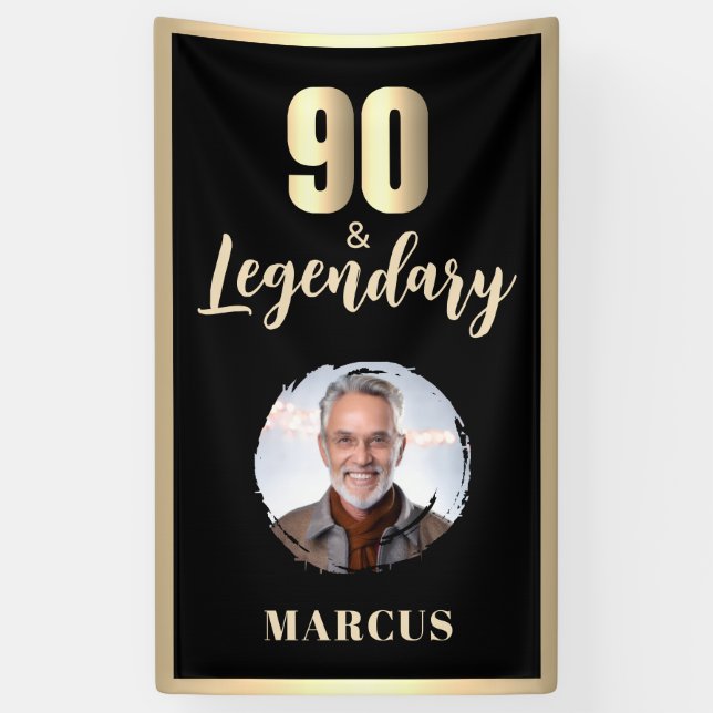 90 & Legendary Photo 90th Birthday Gold Banner (Vertical)