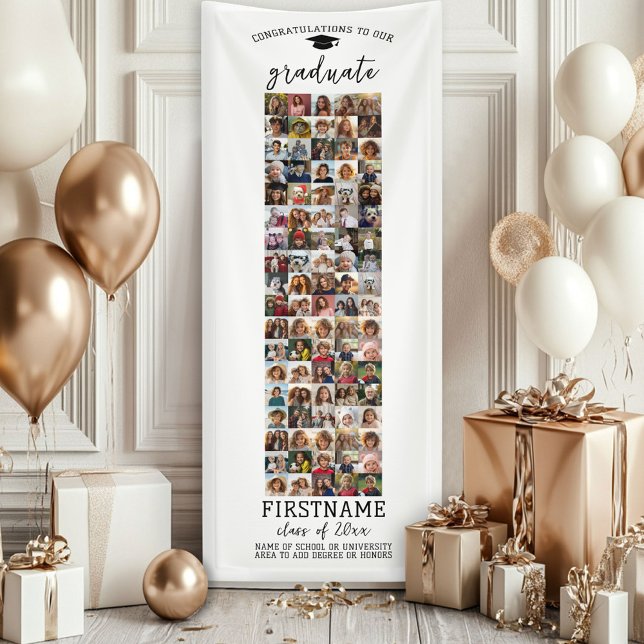 90 Photo Collage Graduation Modern Minimal White Banner (Custom Graduation Banner - Great for a backdrop or Grad Party Decoration)