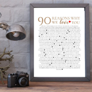 90 reasons why we love you 70th 75th birthday gift poster