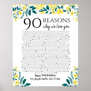 90 reasons why we love you birthday gift yellow poster