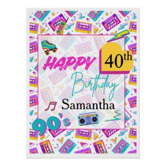 90’s Themed Happy Birthday Party Backdrop Poster