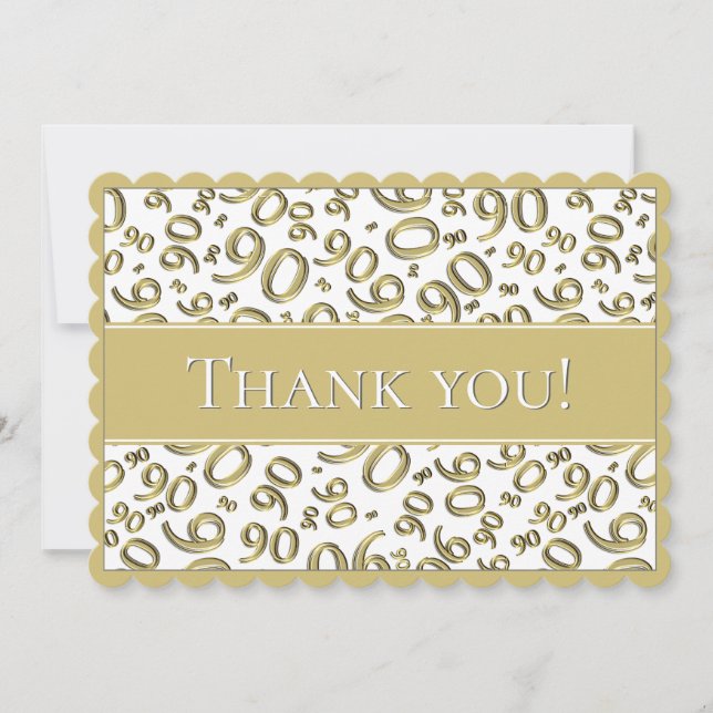 90 "Thank you!" Gold and White Number Pattern Thank You Card (Front)