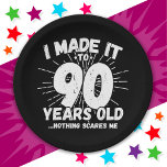 90 Year Old Sarcastic Meme Funny 90th Birthday Paper Plate<br><div class="desc">This funny 90th birthday design makes a great sarcastic humour joke or novelty gag gift for a 90 year old birthday theme or surprise 90th birthday party! Features 'I Made it to 90 Years Old... Nothing Scares Me' funny 90th birthday meme that will get lots of laughs from family, friends,...</div>