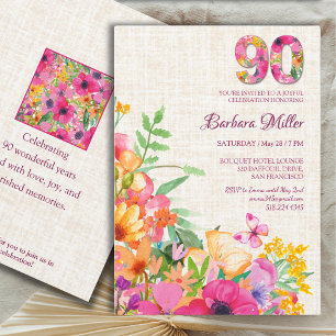 90 Years Flowers - Butterflies Linen 90th Birthday Invitation