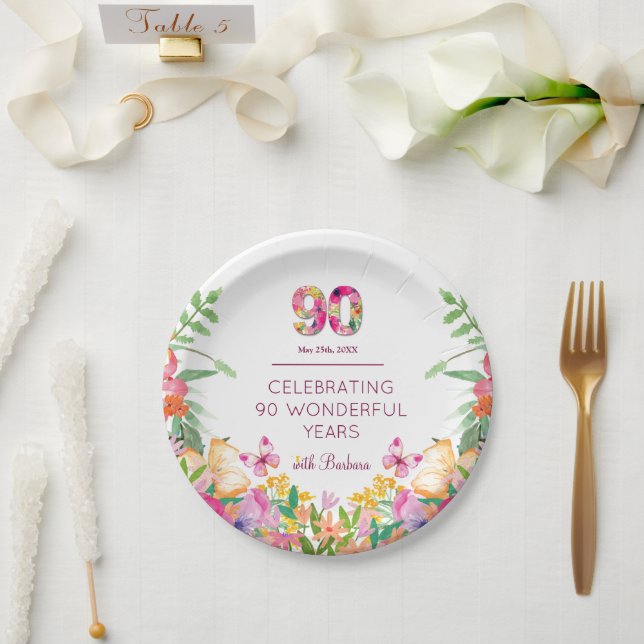 90 Years Flowers Butterfly 90th Birthday Party Paper Plate (Wedding)