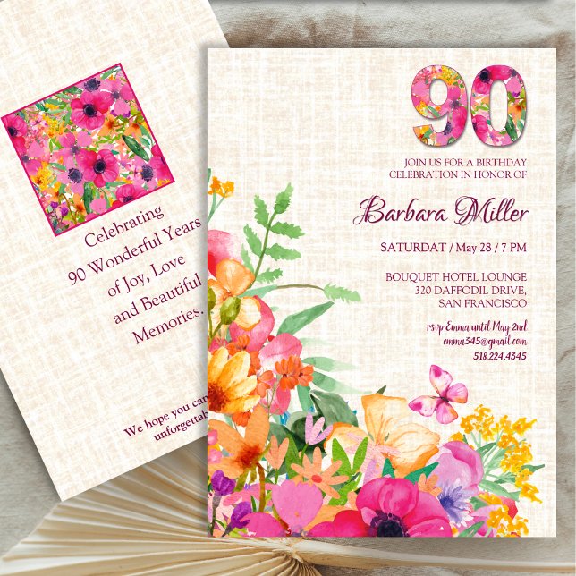 90 Years Flowers Grandma 90th Birthday Linen Invitation (Creator Uploaded)