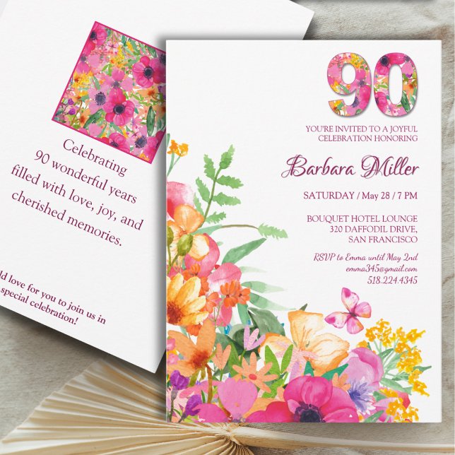 90 Years Flowers - Watercolor 90th Birthday Invitation (Creator Uploaded)