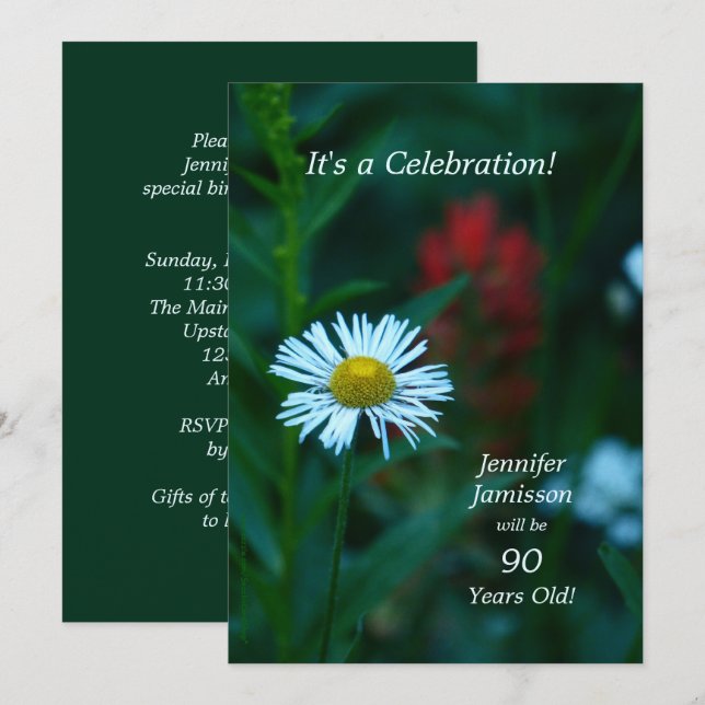 90 Years Old Birthday Party Invites White Daisy (Front/Back)
