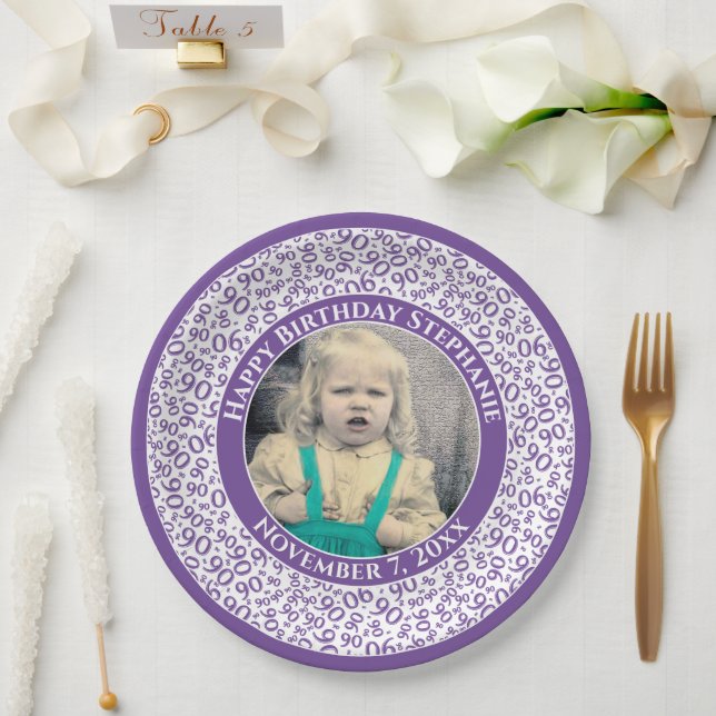  90 Your Photo Random Number Pattern Purple/White Paper Plate (Wedding)
