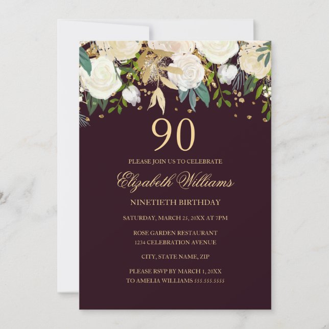 90e anniversaire Bourgogne Gold Floral Invitation (Devant)