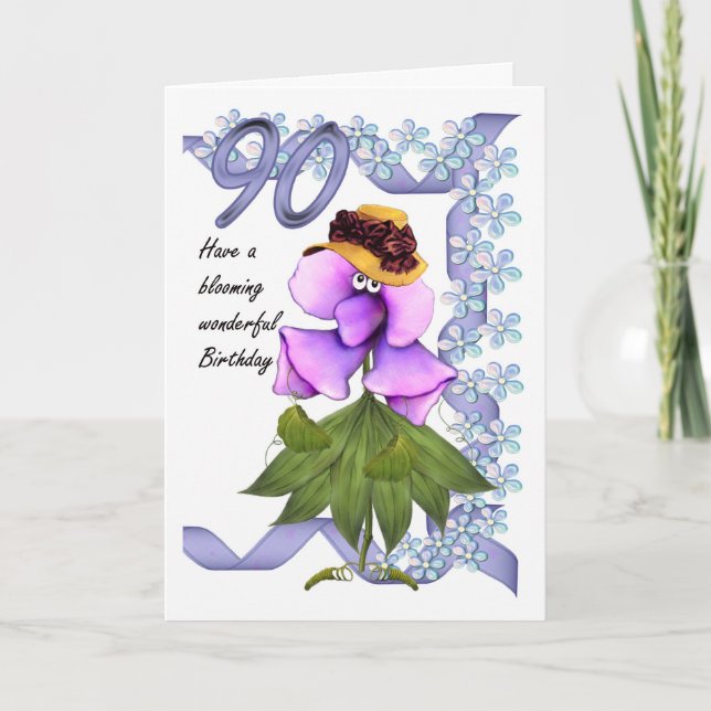 90e Anniversaire Carte avec Moonies jolies fleurs, (Devant)