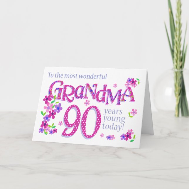 90e anniversaire de grand-mère Word Art avec carte (Devant)
