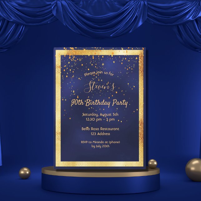 90e anniversaire fête bleu or confetti invitation (Créateur téléchargé)