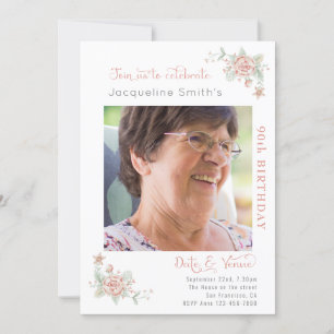 90e anniversaire Floral Photo Invitation