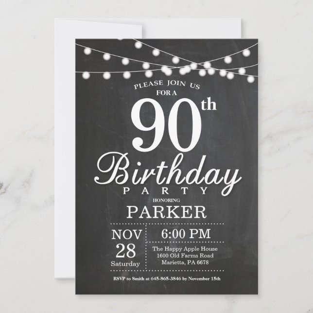 90e anniversaire Invitation Chalboard Chaîne lumiè (Devant)