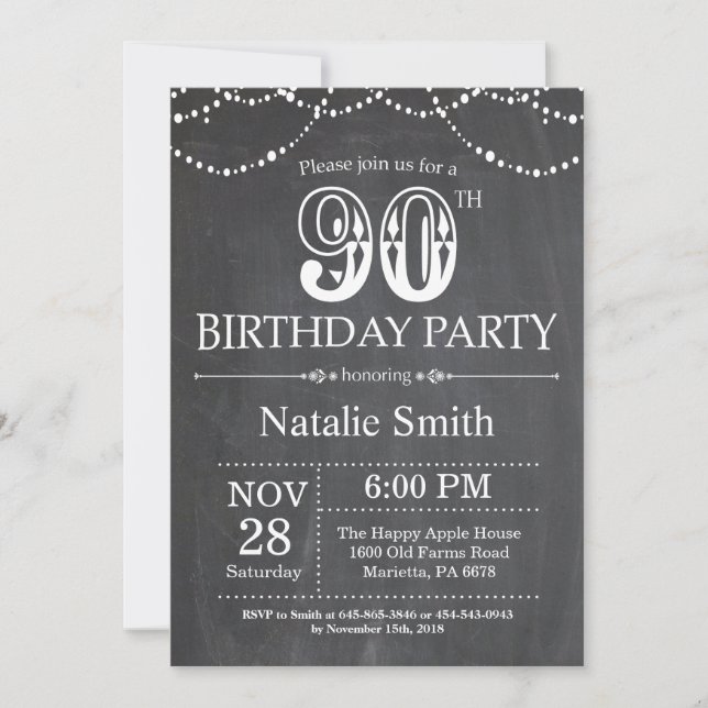 90e anniversaire Invitation Chalkboard lumières (Devant)
