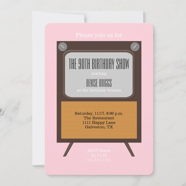 90e anniversaire Invitation de fête TV sur rose (Devant)