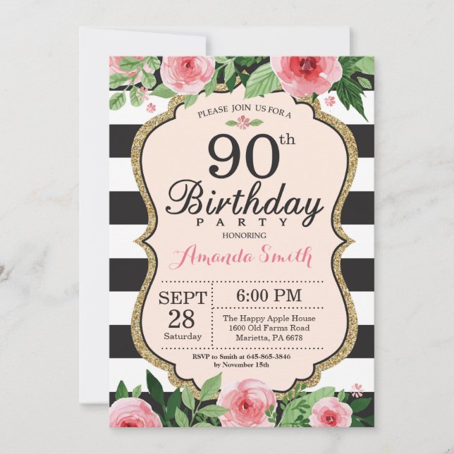 90e anniversaire Invitation Femmes. Or floral noir (Devant)