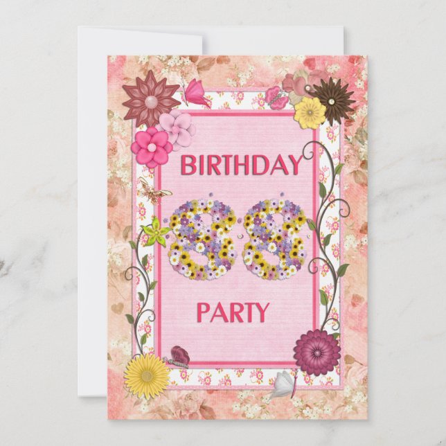90e anniversaire invitation fête avec cadre fleuri (Devant)