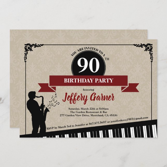 90e anniversaire invitation Jazz music thème (Devant / Derrière)