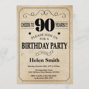 90e anniversaire Invitation Rustic Vintage Retro