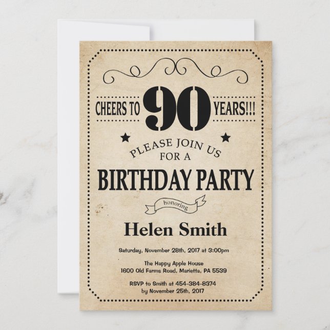 90e anniversaire Invitation Rustique Vintage Retro (Devant)