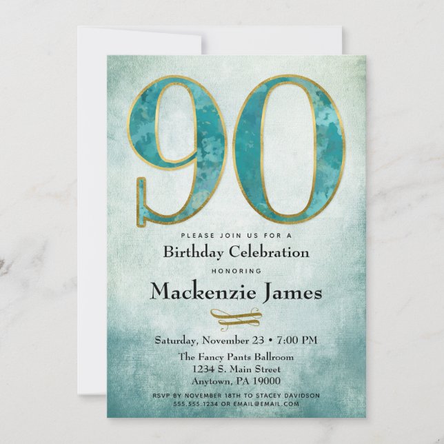 90e anniversaire Invitation Turquoise Blue Gold Ad (Devant)