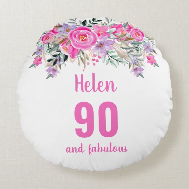 90e anniversaire rose nom floral ronde coussin (Devant)