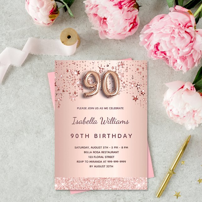 90e anniversaire rose or étoiles invitation (Créateur téléchargé)