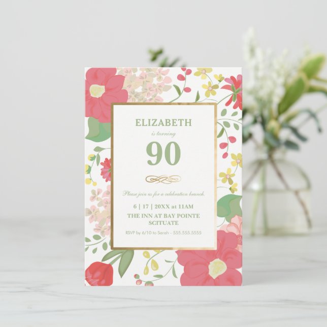 90e Invitation anniversaire - Or, élégant floral (Debout devant)