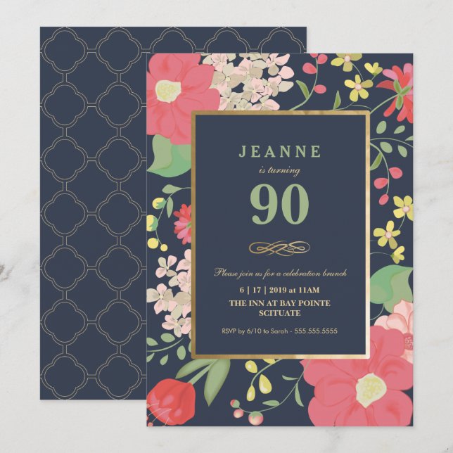 90e Invitation anniversaire - Or, élégant floral (Devant / Derrière)