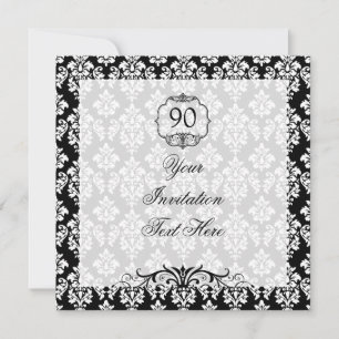 90e Invitation d'anniversaire Damas noir et blanc