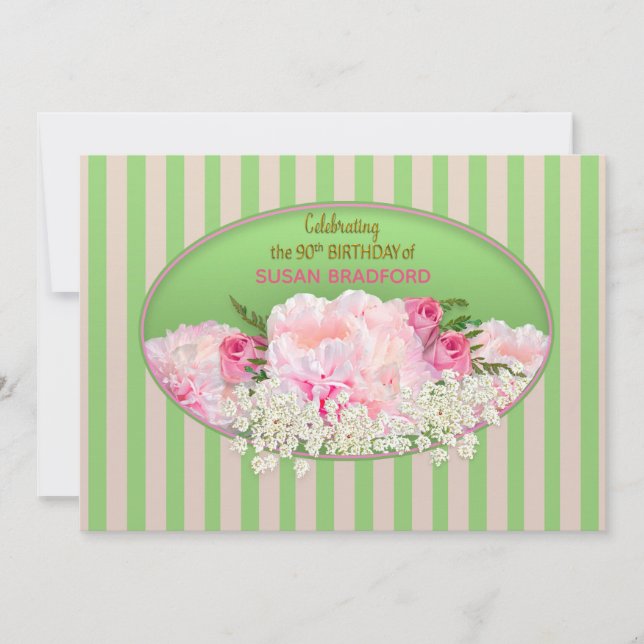 90e Invitation d'anniversaire, Feminine avec fleur (Devant)