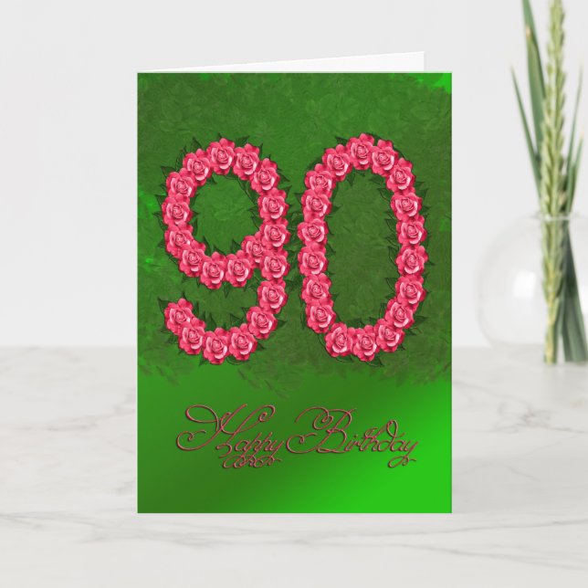 90ème anniversaire de la carte avec rose et feuill (Devant)