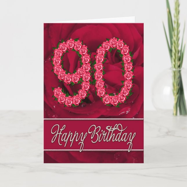 90ème anniversaire de la carte avec rose et feuill (Devant)