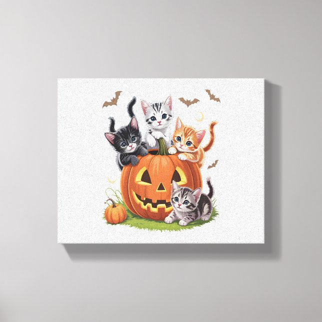 90s Cat Pumpkin Halloween Floral Spooky Season Canvas Print (Front)
