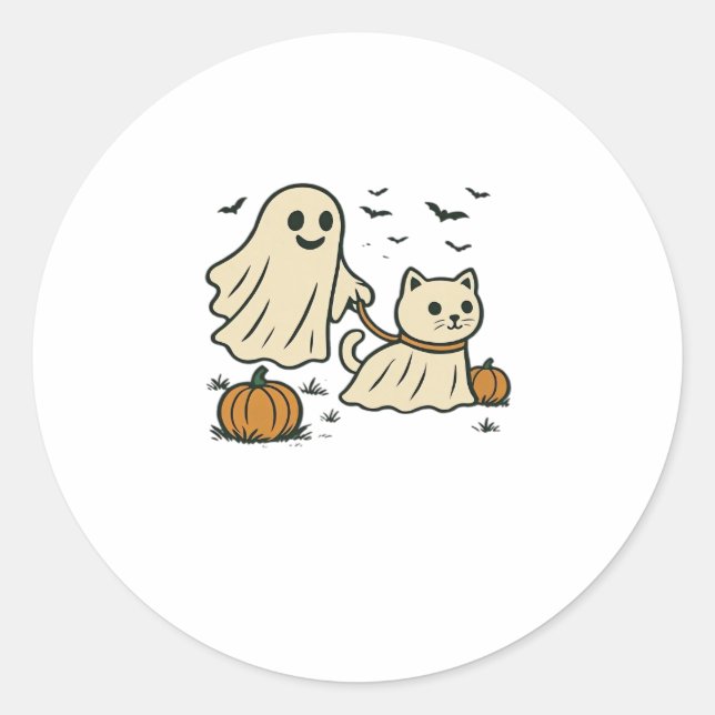 90s Cat Pumpkin Halloween Floral Spooky Season Classic Round Sticker (Front)