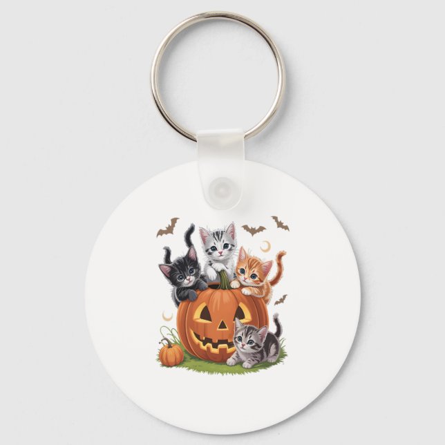 90s Cat Pumpkin Halloween Floral Spooky Season Keychain (Front)