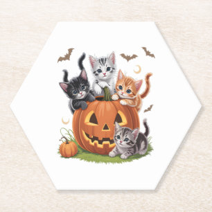 90s Cat Pumpkin Halloween Floral Spooky Season Paper Coaster