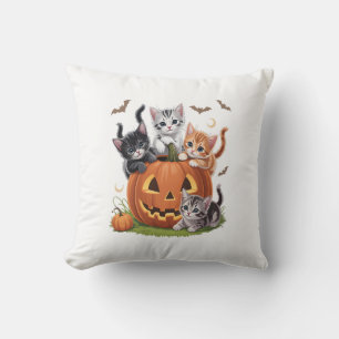 90s Cat Pumpkin Halloween Floral Spooky Season Throw Pillow