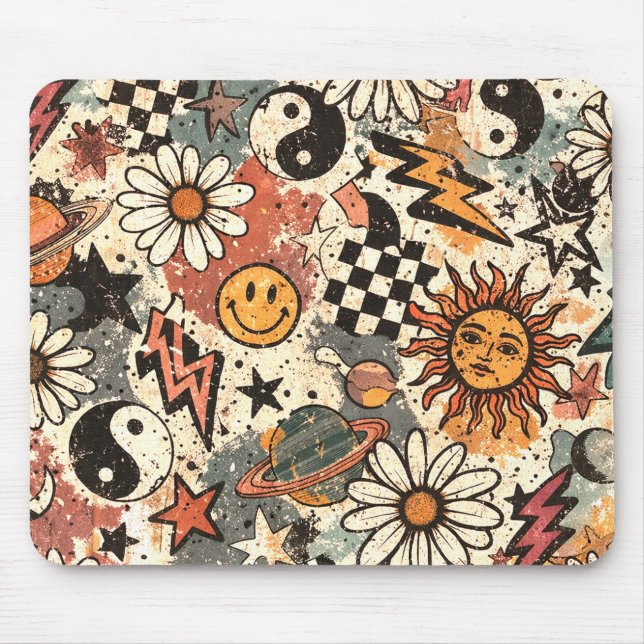 90s Happy Faces Sun Flowers Pattern Mouse Pad (Front)