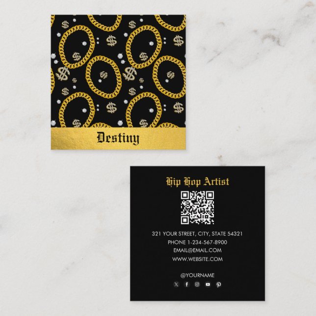  90's Hip Hop Rap Music Gold Cuban Link Chain Square Business Card (Front/Back)