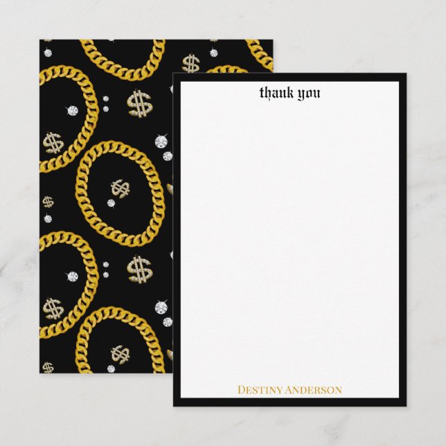  90's Hip Hop Rap Music Gold Cuban Link Chain Thank You Card (Front/Back)