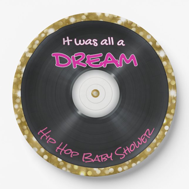 90's Hip Hop Record |Pink & Gold Glitter Retro Paper Plate (Front)