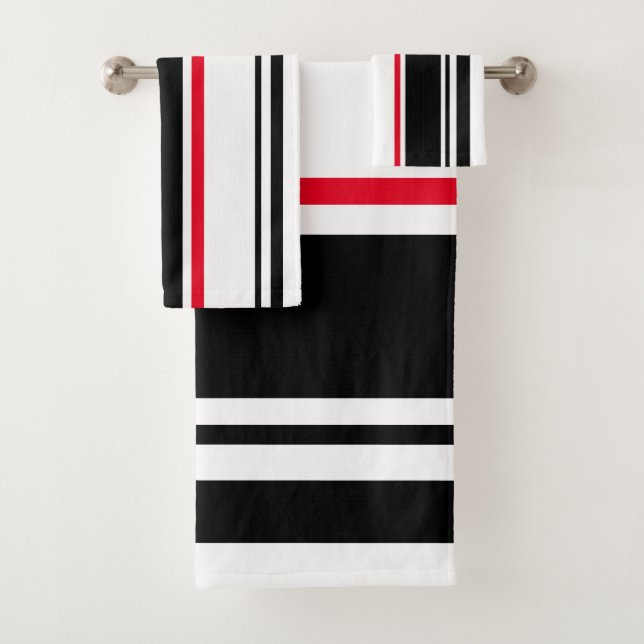 90s Inspired Black Stripe with Red Accent Modern Bath Towel Set (Insitu)