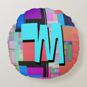 90s Inspired Colourful Geometric Monogram Round Pillow