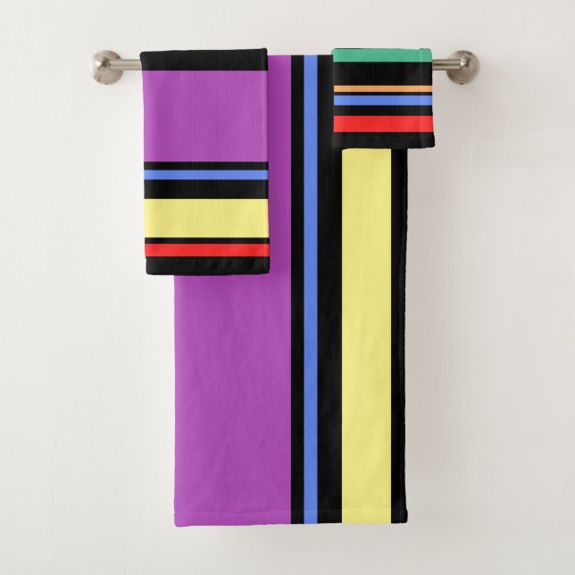 90s Inspired Multi Colour Black Bold Modern Stripe Bath Towel Set (Insitu)