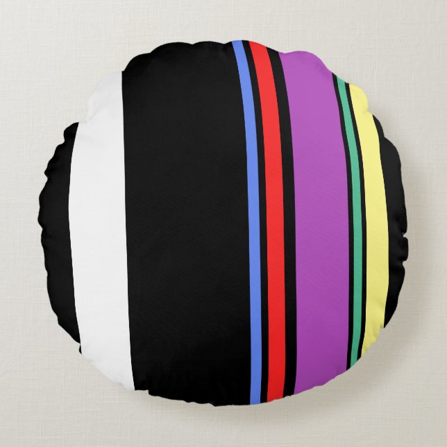 90s Inspired Multi Colour Black Bold Modern Stripe Round Pillow (Front)