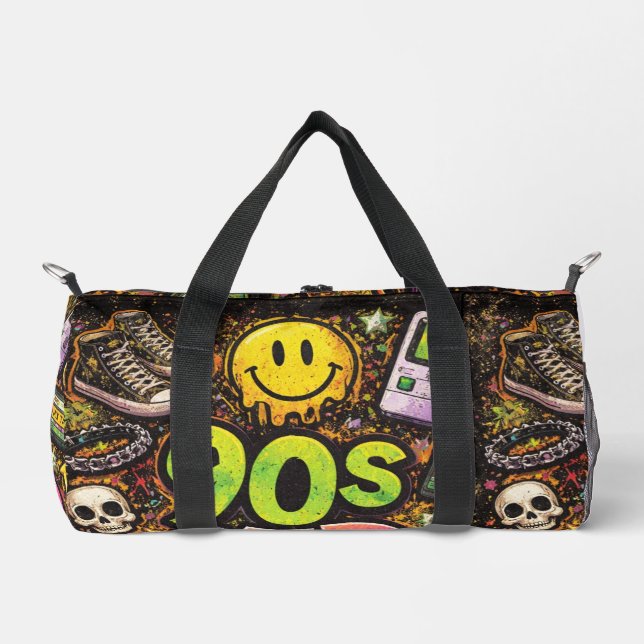 90s Kids Grunge Seamless Pattern: Pizza, Skeletons Duffle Bag (Front)