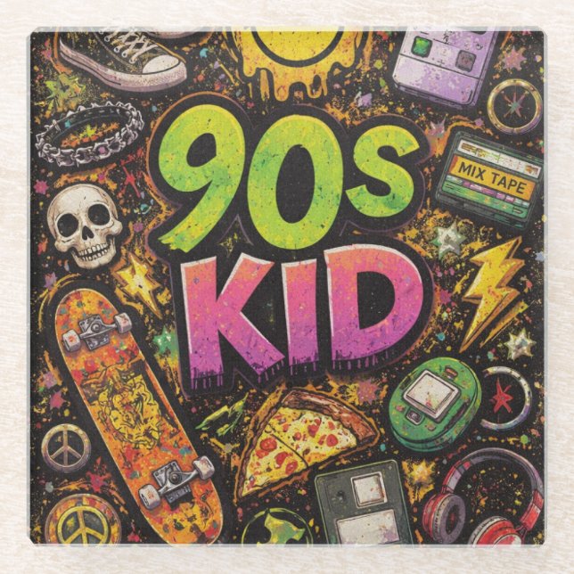 90s Kids Grunge Seamless Pattern: Pizza, Skeletons Glass Coaster (Front)